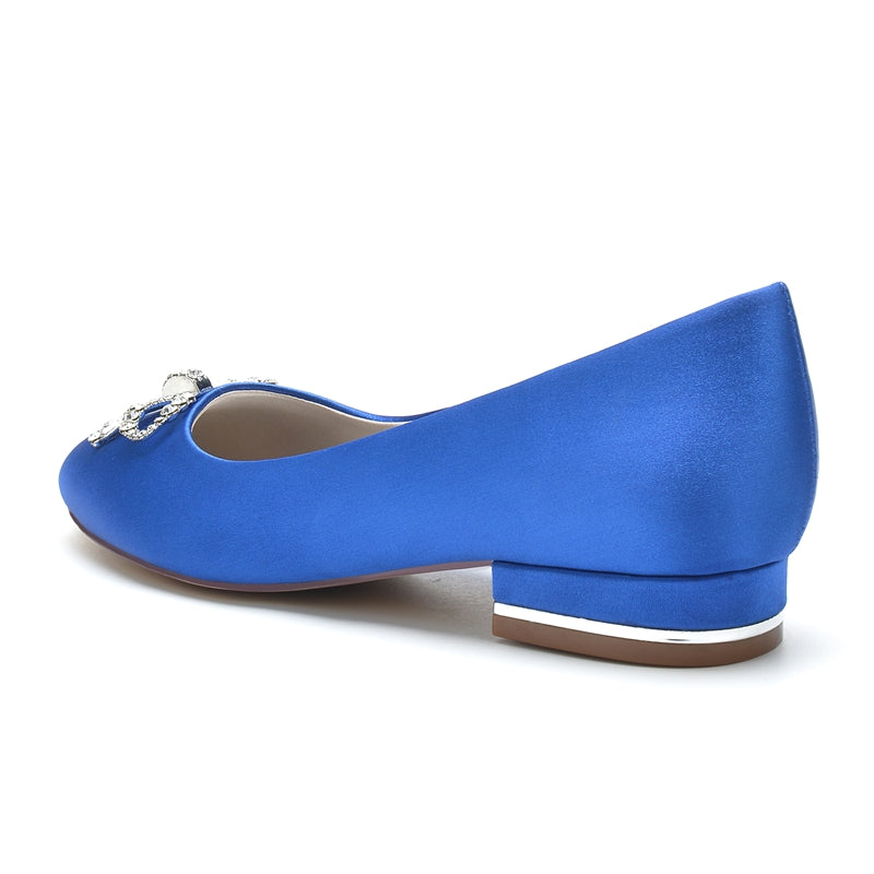 Elegant Round Toe Bridal Shoes for Women with Bow and Rhinestone Flat Heel