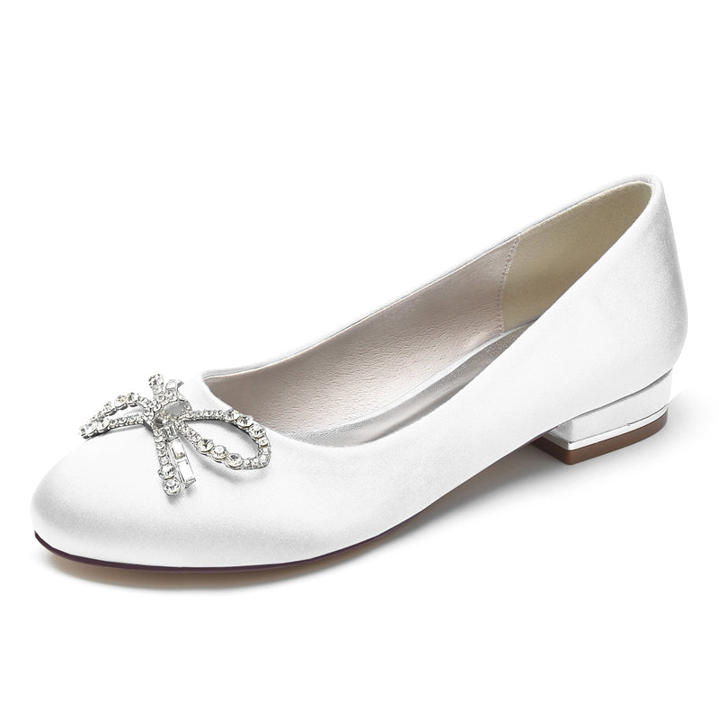 Elegant Round Toe Bridal Shoes for Women with Bow and Rhinestone Flat Heel