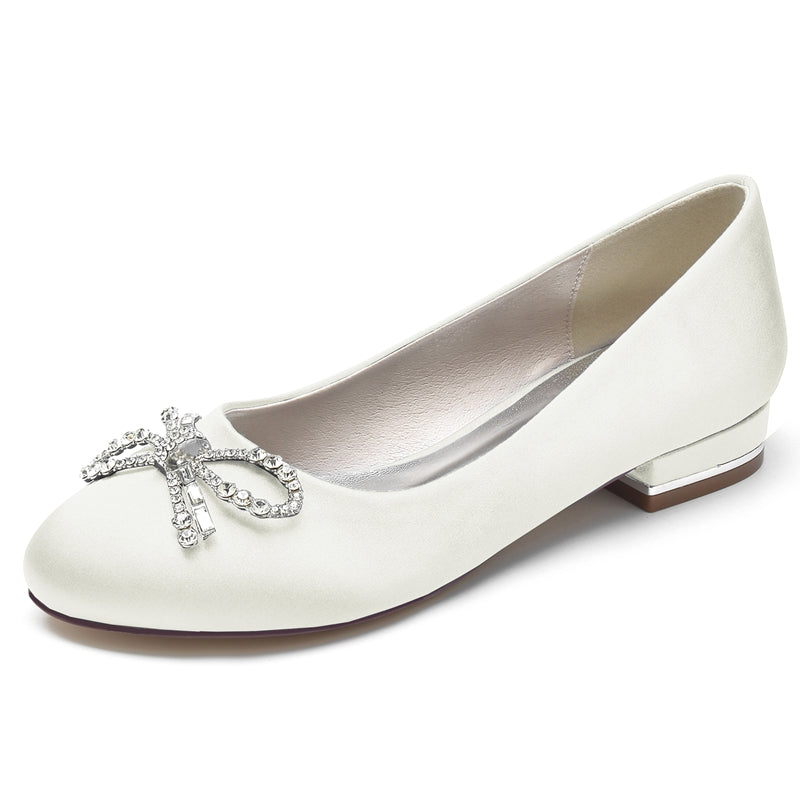 Elegant Round Toe Bridal Shoes for Women with Bow and Rhinestone Flat Heel