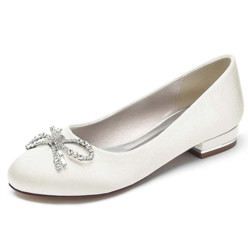 Elegant Round Toe Bridal Shoes for Women with Bow and Rhinestone Flat Heel