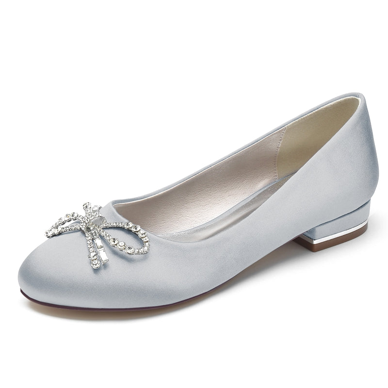 Elegant Round Toe Bridal Shoes for Women with Bow and Rhinestone Flat Heel