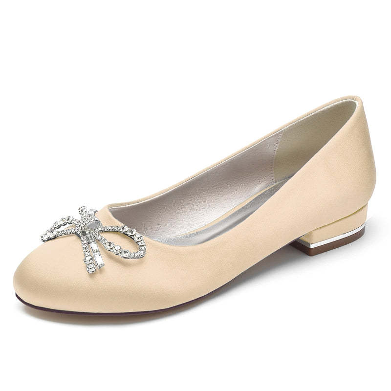 Elegant Round Toe Bridal Shoes for Women with Bow and Rhinestone Flat Heel