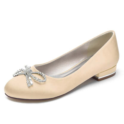 Elegant Round Toe Bridal Shoes for Women with Bow and Rhinestone Flat Heel
