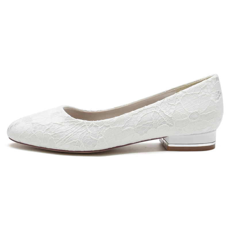 White Round-Toe Minimalist Wedding Shoes for Women with Flat Heel and Lace