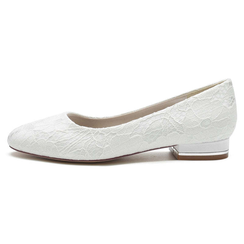 White Round-Toe Minimalist Wedding Shoes for Women with Flat Heel and Lace