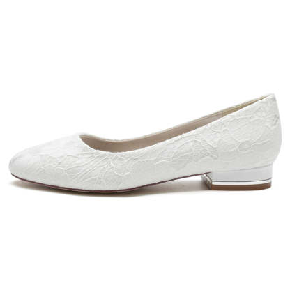 White Round-Toe Minimalist Wedding Shoes for Women with Flat Heel and Lace