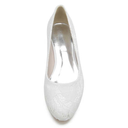 White Round-Toe Minimalist Wedding Shoes for Women with Flat Heel and Lace