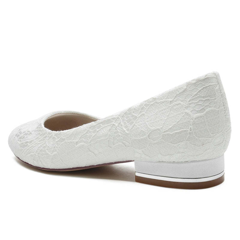 White Round-Toe Minimalist Wedding Shoes for Women with Flat Heel and Lace