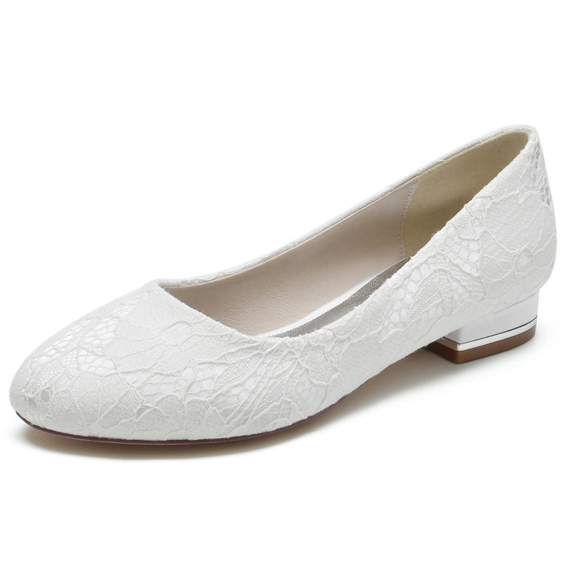 White Round-Toe Minimalist Wedding Shoes for Women with Flat Heel and Lace