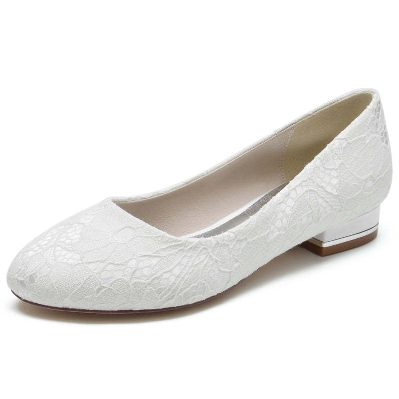 White Round-Toe Minimalist Wedding Shoes for Women with Flat Heel and Lace
