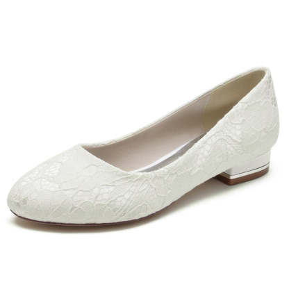 White Round-Toe Minimalist Wedding Shoes for Women with Flat Heel and Lace