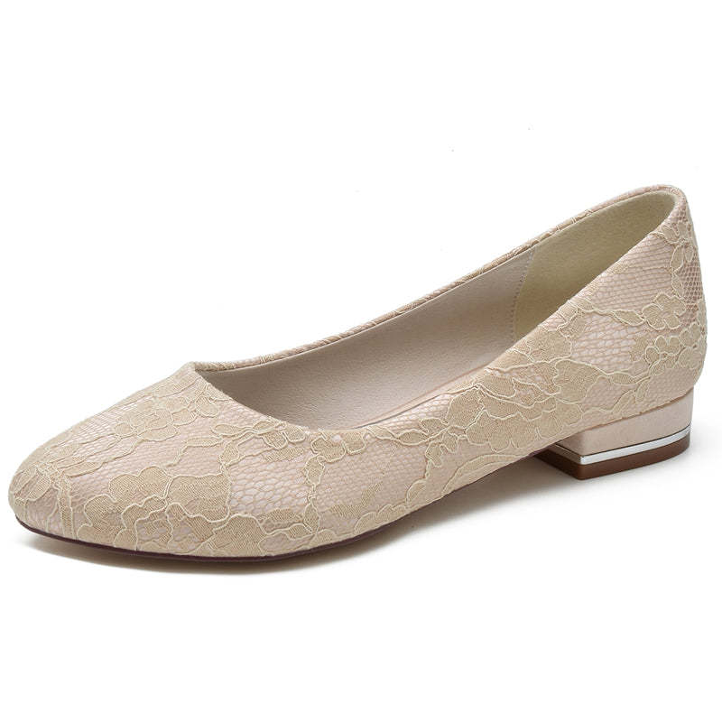 White Round-Toe Minimalist Wedding Shoes for Women with Flat Heel and Lace