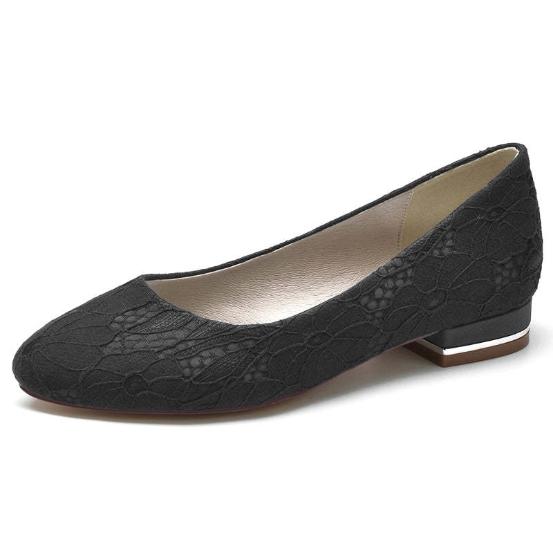 White Round-Toe Minimalist Wedding Shoes for Women with Flat Heel and Lace