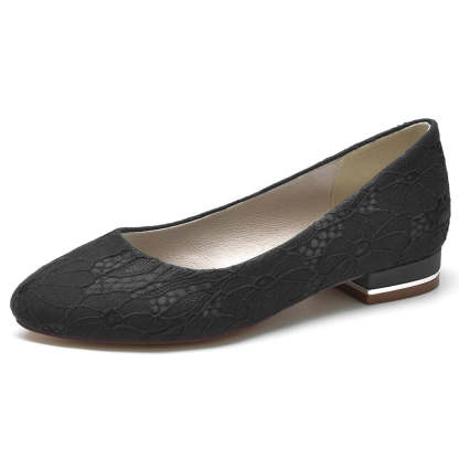 White Round-Toe Minimalist Wedding Shoes for Women with Flat Heel and Lace