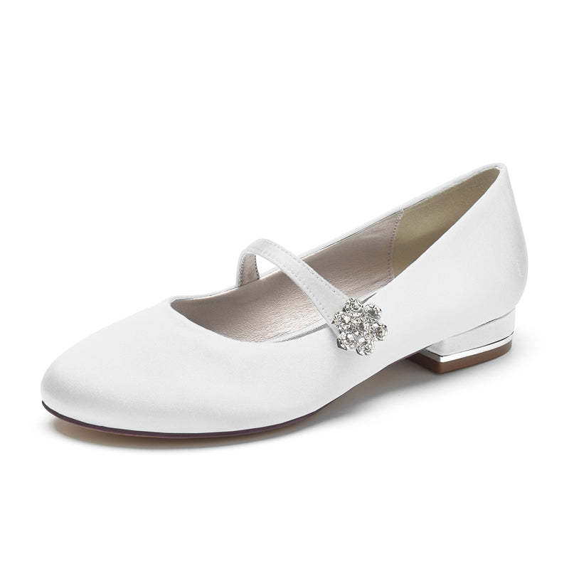 Retro Bridal Shoes for Women with Round Toe Low Heel and Rhinestone Instep Strap