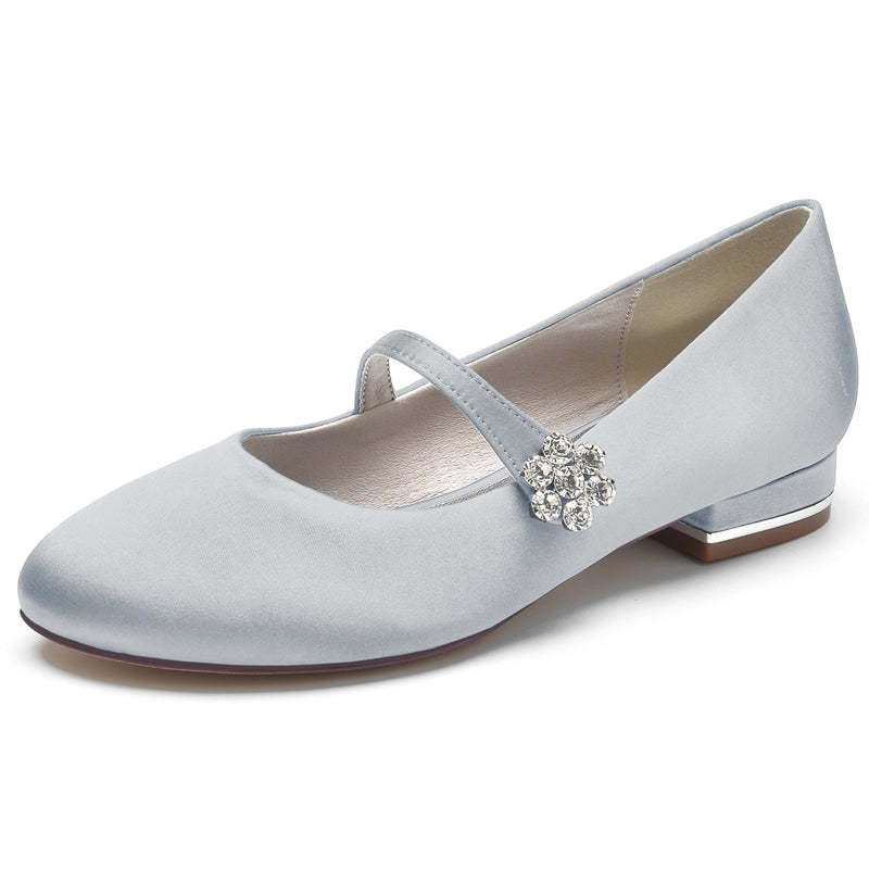 Retro Bridal Shoes for Women with Round Toe Low Heel and Rhinestone Instep Strap