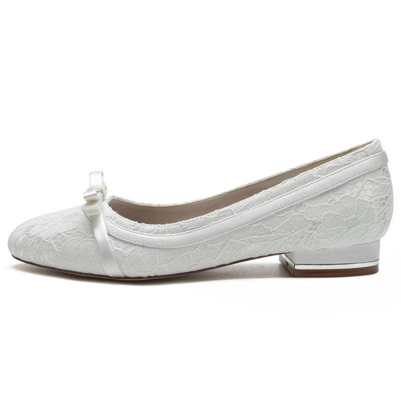 Elegant White Bridal Shoes for Women with Round Toe and Bowknot Flat Heel