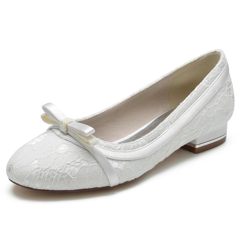 Elegant White Bridal Shoes for Women with Round Toe and Bowknot Flat Heel