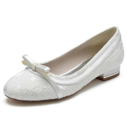 Elegant White Bridal Shoes for Women with Round Toe and Bowknot Flat Heel