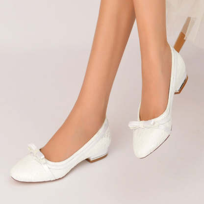 Elegant White Bridal Shoes for Women with Round Toe and Bowknot Flat Heel