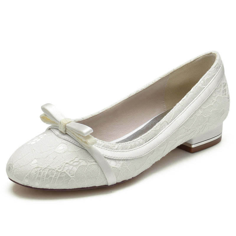 Elegant White Bridal Shoes for Women with Round Toe and Bowknot Flat Heel