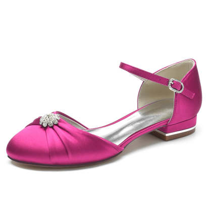Elegant Closed-Toe Bridal Shoes for Women with Rhinestone Buckles and Ruffles