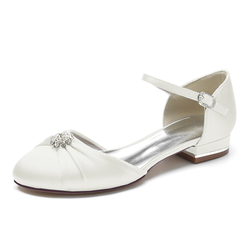 Elegant Closed-Toe Bridal Shoes for Women with Rhinestone Buckles and Ruffles