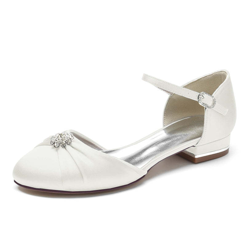 Elegant Closed-Toe Bridal Shoes for Women with Rhinestone Buckles and Ruffles