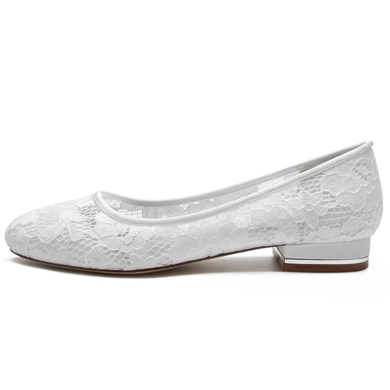 Bridal Shoes for Women with Closed Toe Low Heel and Lace Cutout