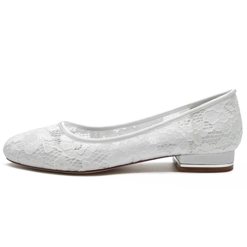 Bridal Shoes for Women with Closed Toe Low Heel and Lace Cutout