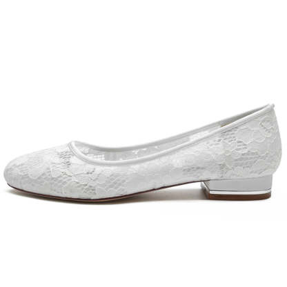 Bridal Shoes for Women with Closed Toe Low Heel and Lace Cutout