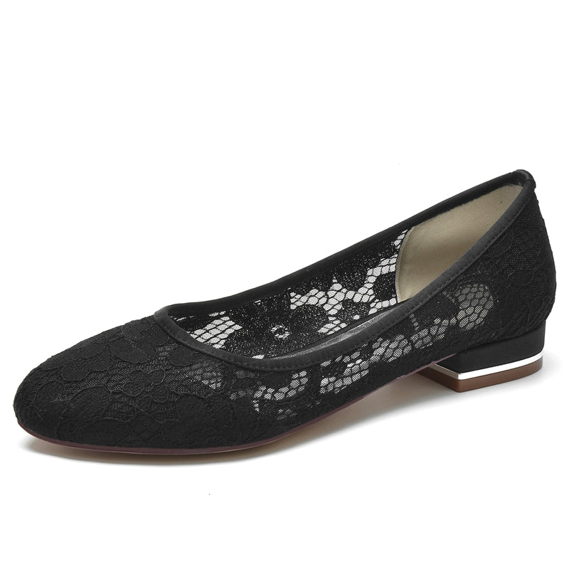 Bridal Shoes for Women with Closed Toe Low Heel and Lace Cutout