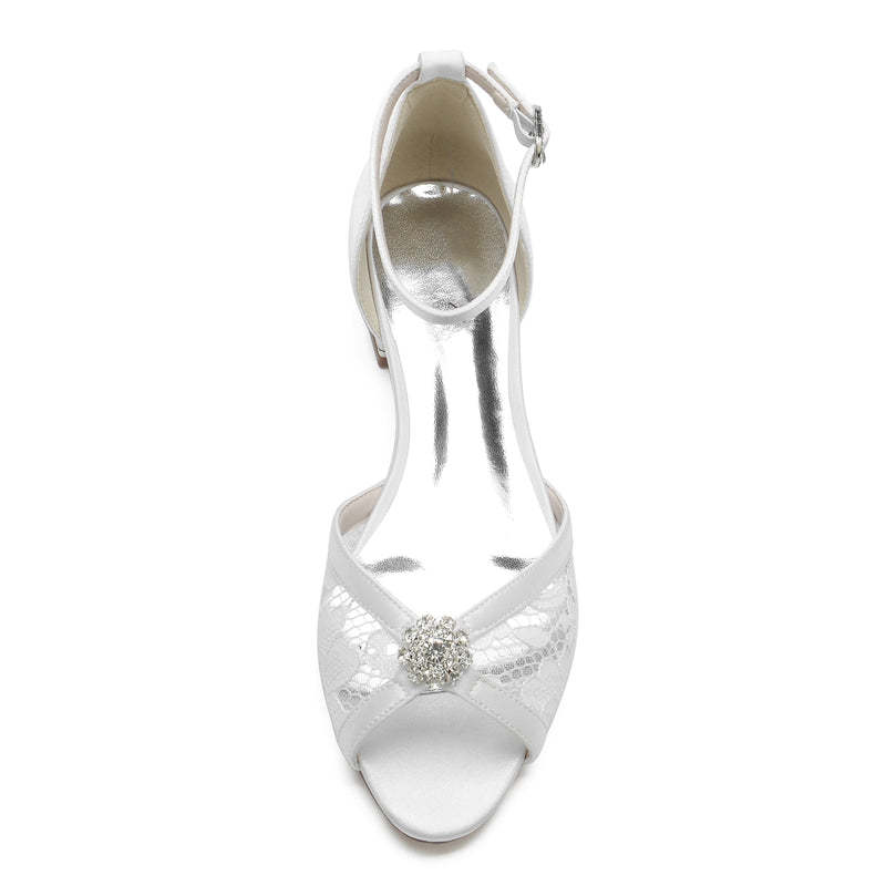 Bridal Shoes for Women with Peep Toe Low Heel Lace Cutout and Rhinestone Buckle