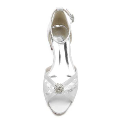Bridal Shoes for Women with Peep Toe Low Heel Lace Cutout and Rhinestone Buckle