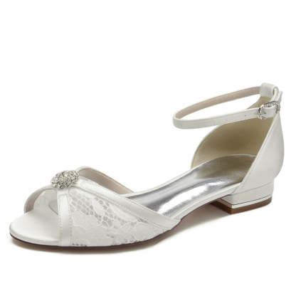 Bridal Shoes for Women with Peep Toe Low Heel Lace Cutout and Rhinestone Buckle