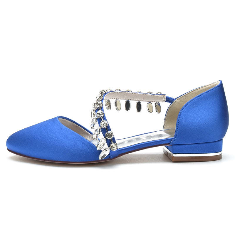 Bridal Silk Satin Shoes for Women with Rhinestone Strap Round Toe Flat Heel