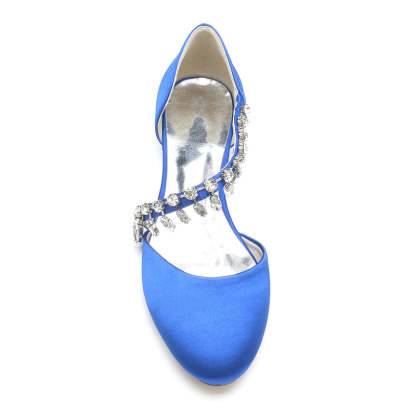 Bridal Silk Satin Shoes for Women with Rhinestone Strap Round Toe Flat Heel