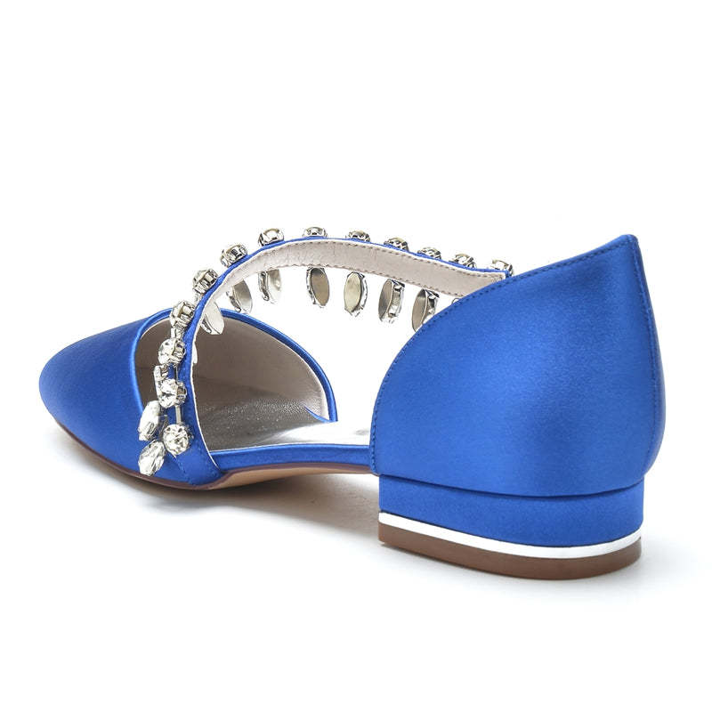 Bridal Silk Satin Shoes for Women with Rhinestone Strap Round Toe Flat Heel