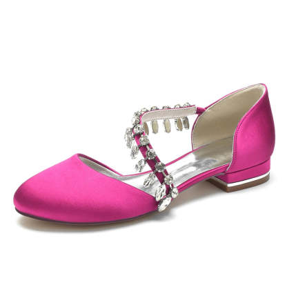 Bridal Silk Satin Shoes for Women with Rhinestone Strap Round Toe Flat Heel