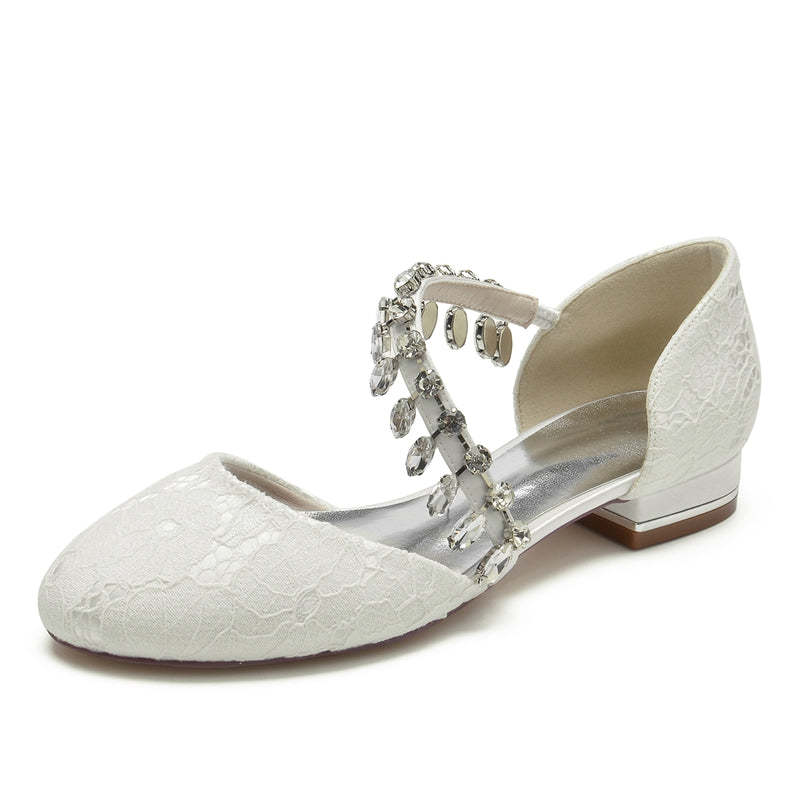 Bridal Shoes for Women with Rhinestone Strap Closed Toe and Low Heel
