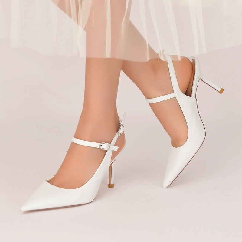 Luxurious Bridal Shoes for Women with Glitter Stretch and Buckle in Pointed Toe High Heel