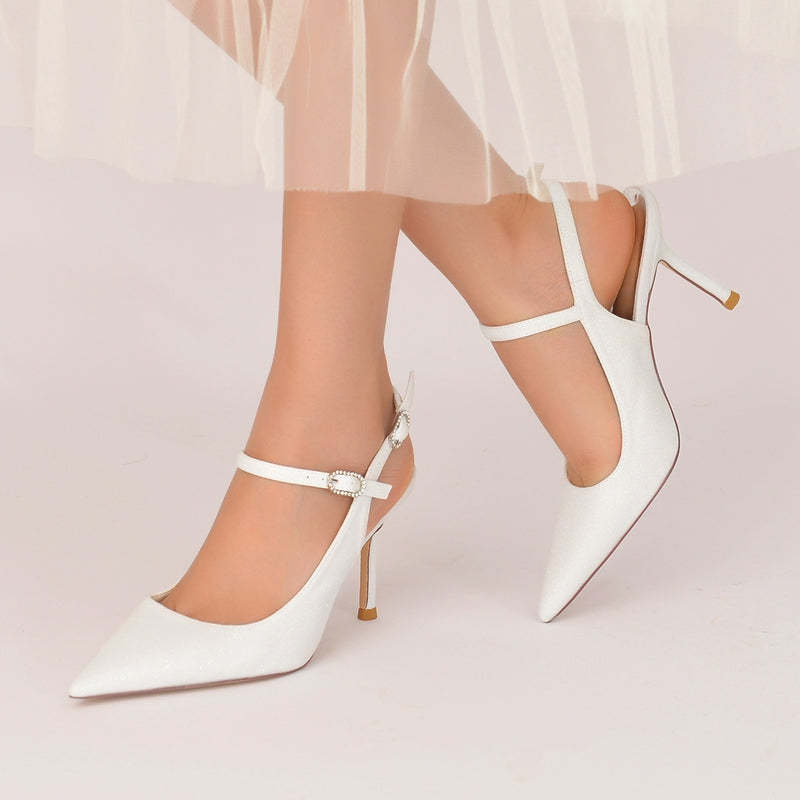Luxurious Bridal Shoes for Women with Glitter Stretch and Buckle in Pointed Toe High Heel