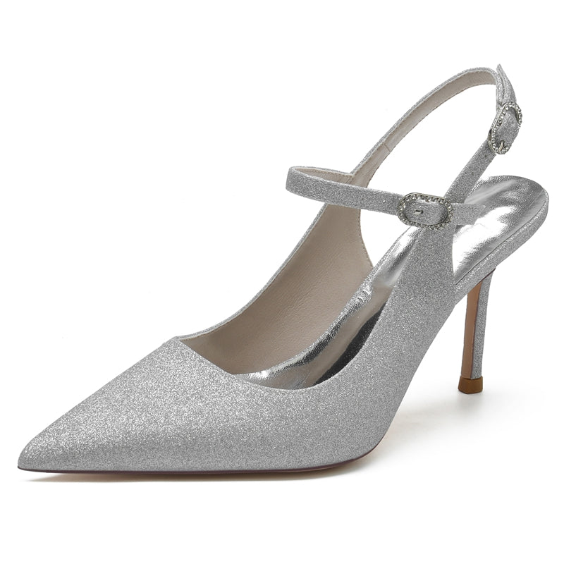 Luxurious Bridal Shoes for Women with Glitter Stretch and Buckle in Pointed Toe High Heel