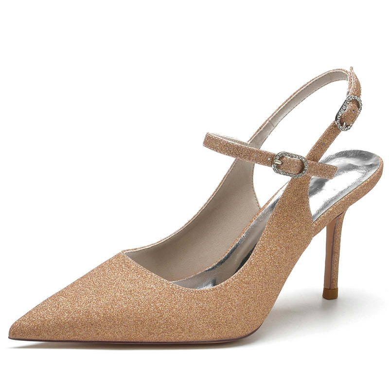 Luxurious Bridal Shoes for Women with Glitter Stretch and Buckle in Pointed Toe High Heel