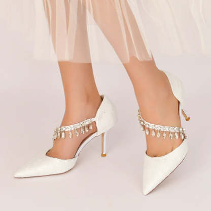 Bridal Shoes for Women with Rhinestone Straps Pointed Toes and Stiletto Heels