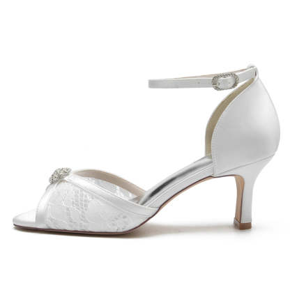 Bridal Shoes for Women with Open Toe Mid Heel Lace and Rhinestone Buckle