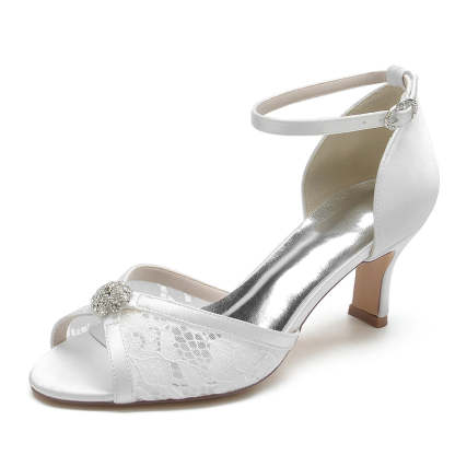 Bridal Shoes for Women with Open Toe Mid Heel Lace and Rhinestone Buckle