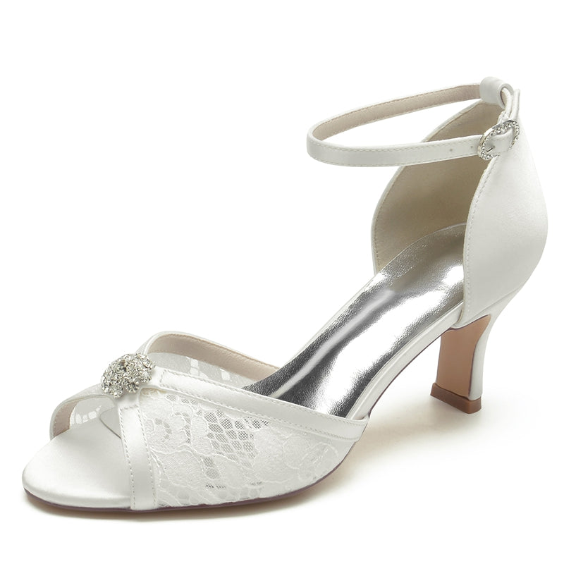 Bridal Shoes for Women with Open Toe Mid Heel Lace and Rhinestone Buckle