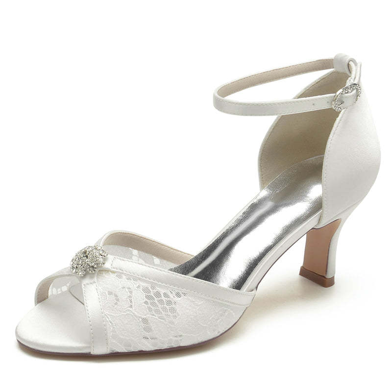 Bridal Shoes for Women with Open Toe Mid Heel Lace and Rhinestone Buckle