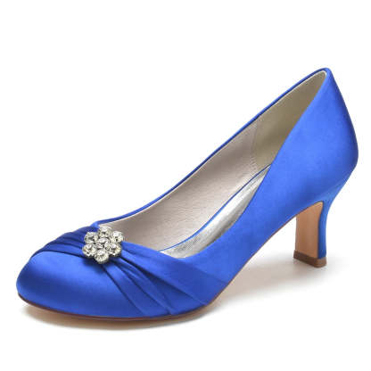 Comfortable Round Toe Mid Heel Bridal Shoes for Women with Rhinestone & Ruffles